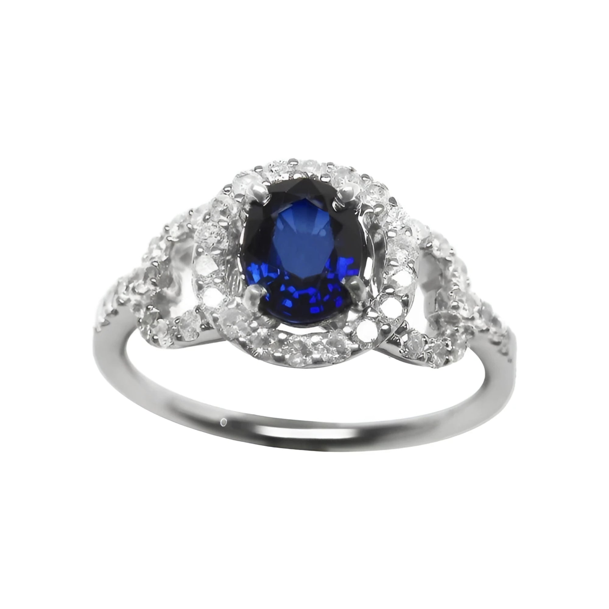 Blue sapphire ring for women September's birthstone Halo Diamonds 14K White Gold.