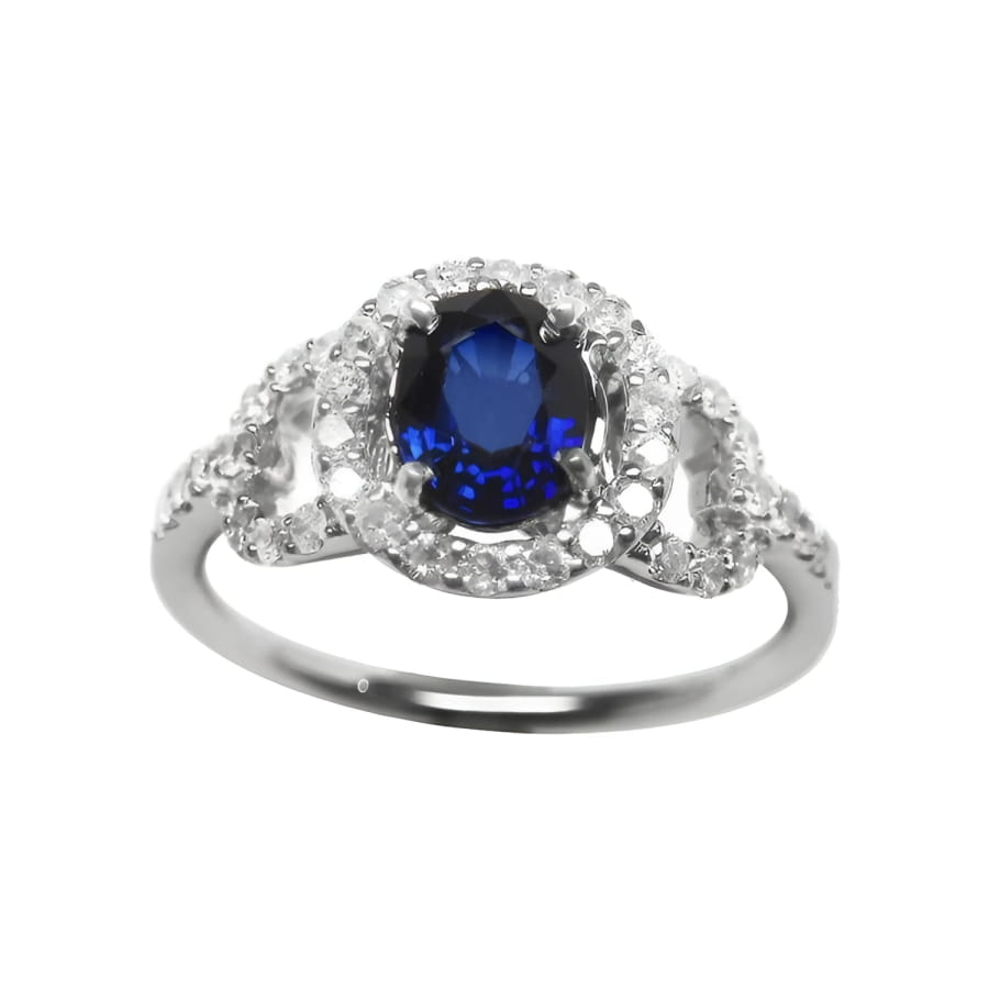 Blue sapphire ring for women September's birthstone Halo Diamonds 14K White Gold.