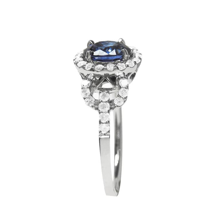 Blue sapphire ring for women September's birthstone Halo Diamonds 14K White Gold, side profile view
