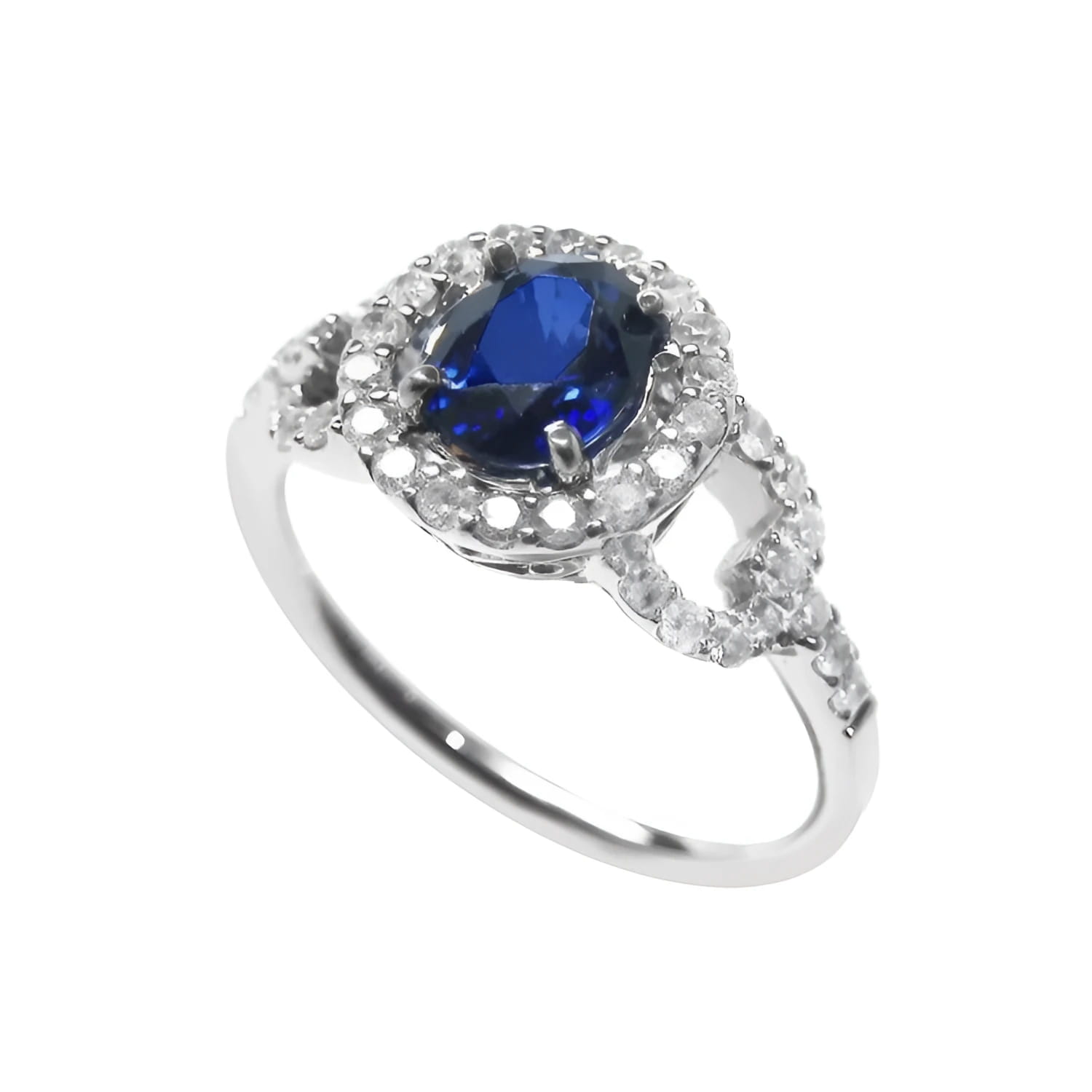 1.08 ct oval blue sapphire ring in 14K white gold with diamond halo.