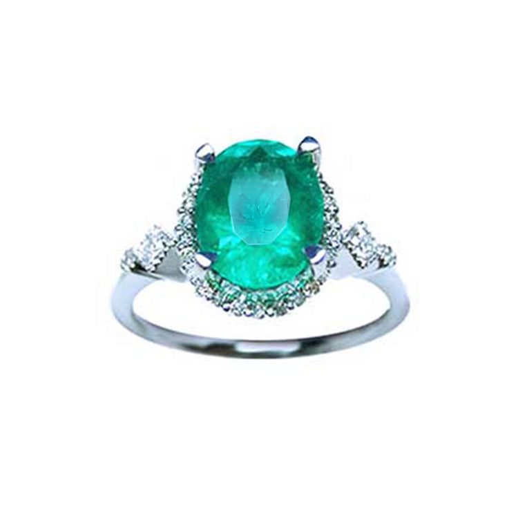 Oval cut women's emerald ring medium deep green color 2.02 carats halo natural diamonds crafted in 14k white gold