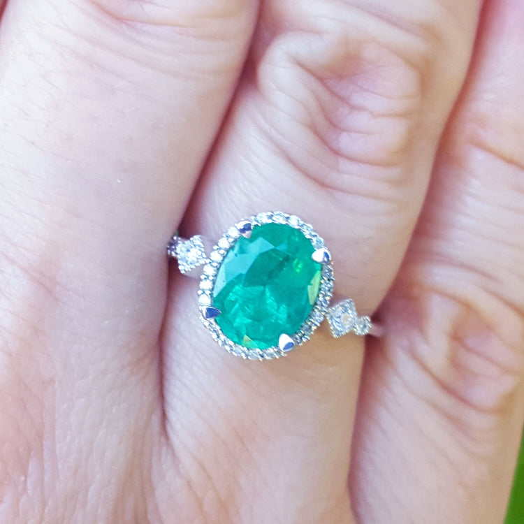 Mother's Day gift oval cut emerald ring medium deep green color 2.02 carats halo natural diamonds crafted in 14k white gold