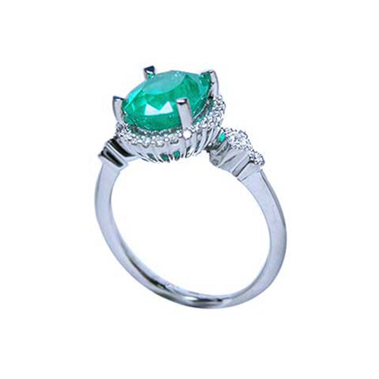 White gold 14k emerald ring for women medium deep green color 2.02 carats halo natural diamonds crafted in 14k white gold