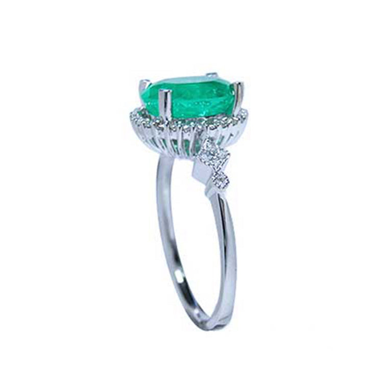Genuine Colombian emerald women ring medium deep green color 2.02 carats halo natural diamonds crafted in 14k white gold