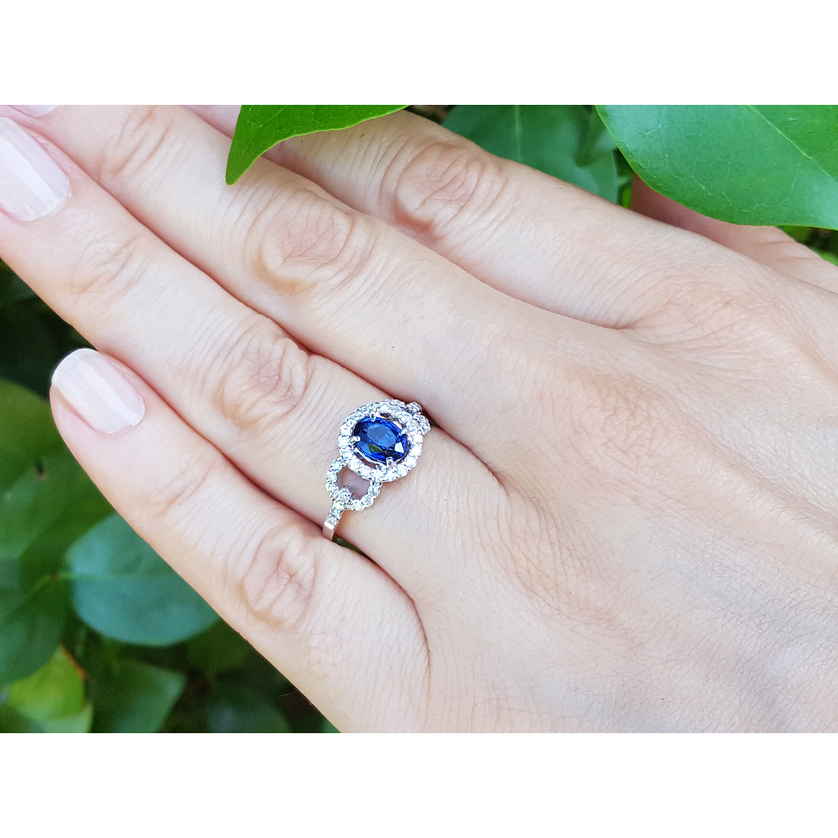 September Birthstone 1.08 Carats Blue Sapphire Ring for Women September&#39;s Birthstone Halo Diamonds 14K White Gold