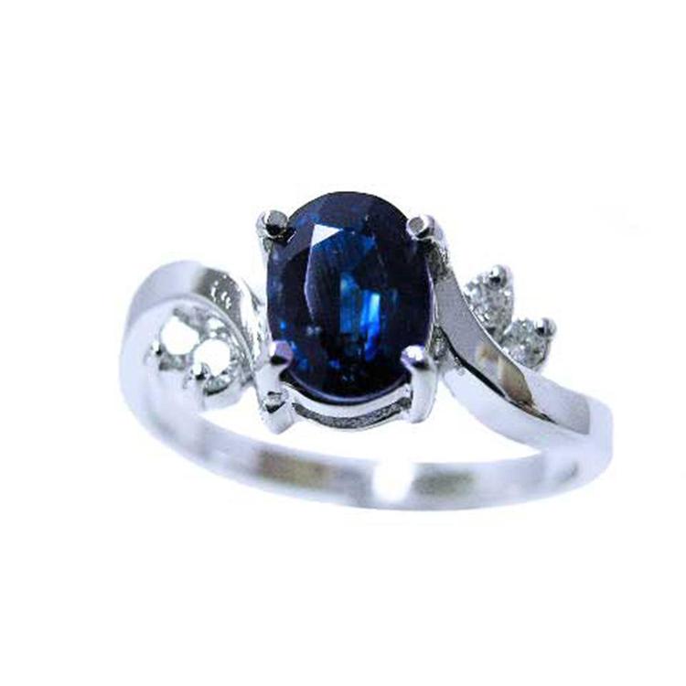 Oval cut natural bue sapphire ring for women 14k white gold, top full view front side