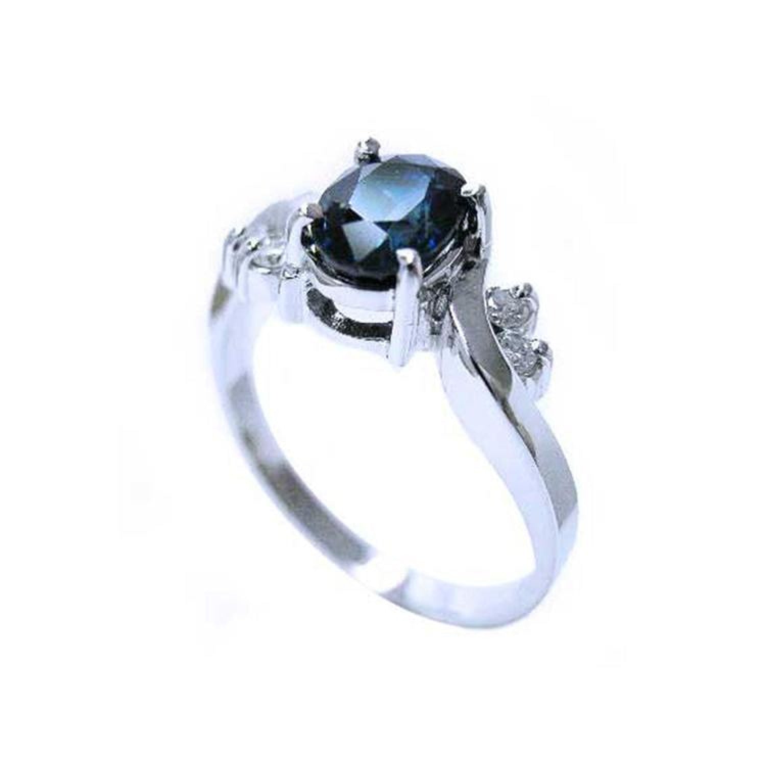 14K white gold ring with a sparkling deep blue oval-cut sapphire and accent diamonds.