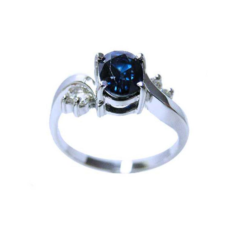 Oval cut natural bue sapphire ring for women 14k white gold, half tall top and shank profile view