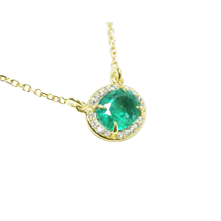 Oval cut emerald necklace for women from Muzo mines Colombia halo natural diamonds, crafted in 14k yellow gold