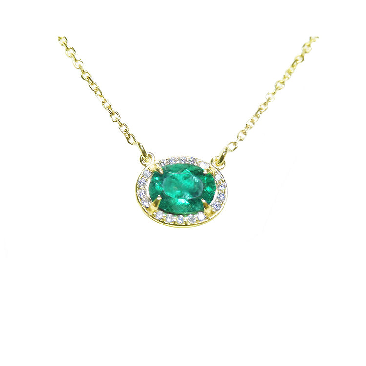 May birthstone necklace Colombian emerald from Muzo mines Colombia halo natural diamonds, crafted in 14k yellow gold