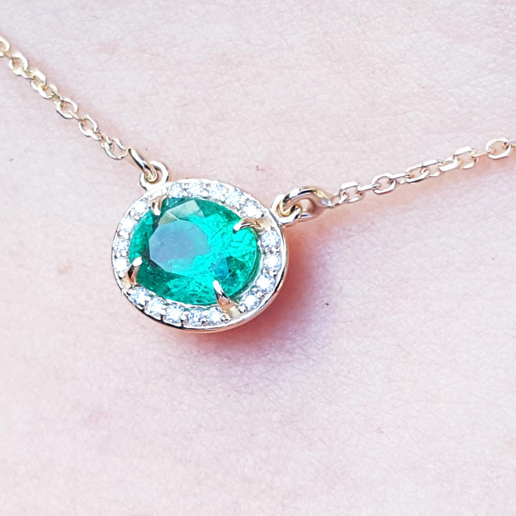 Colombian Emerald necklaces for women from Muzo mines Colombia halo natural diamonds, crafted in 14k yellow gold