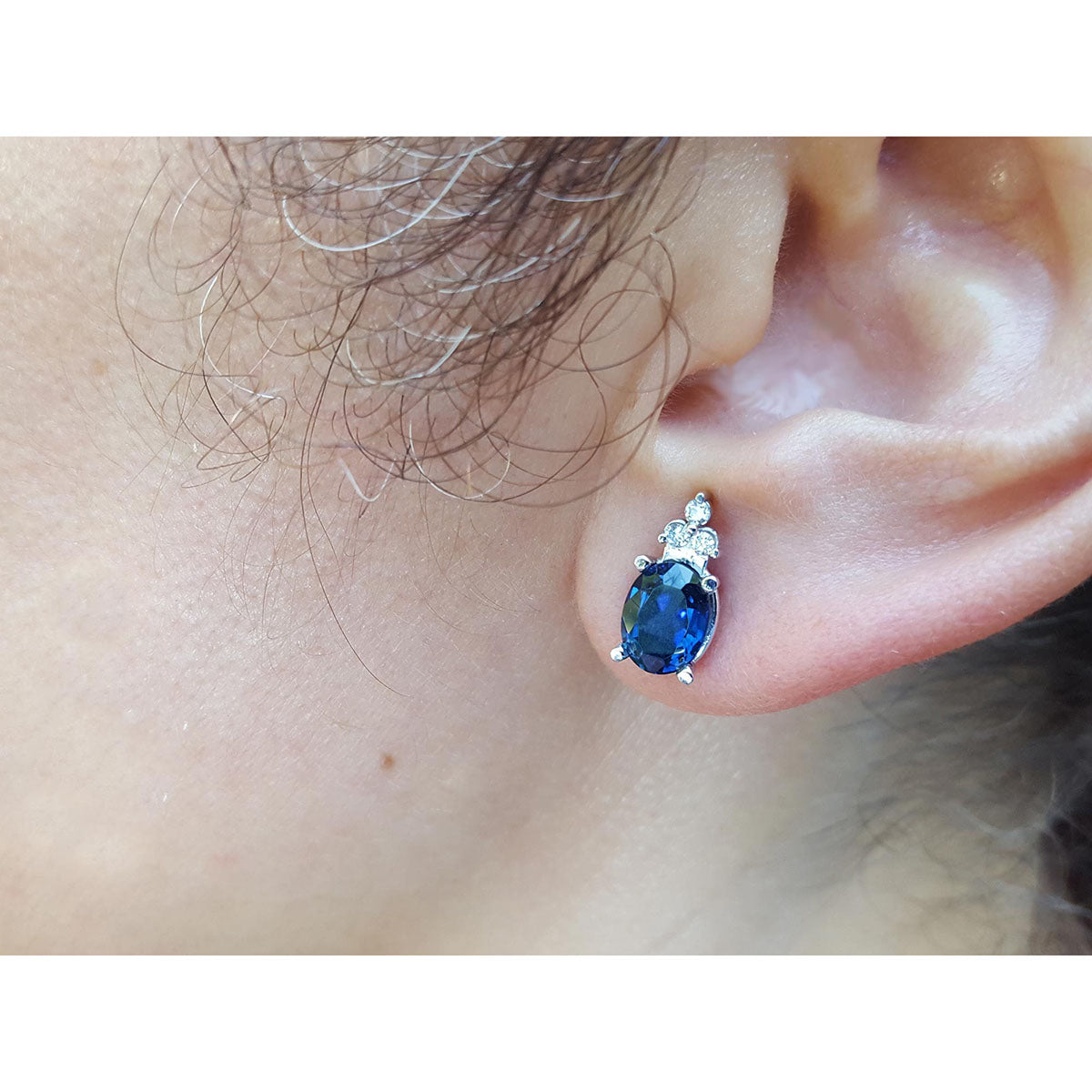 3.58 Carats Natural Blue Sapphire Earrings Oval cut Stud Diamonds in 14K White Gold