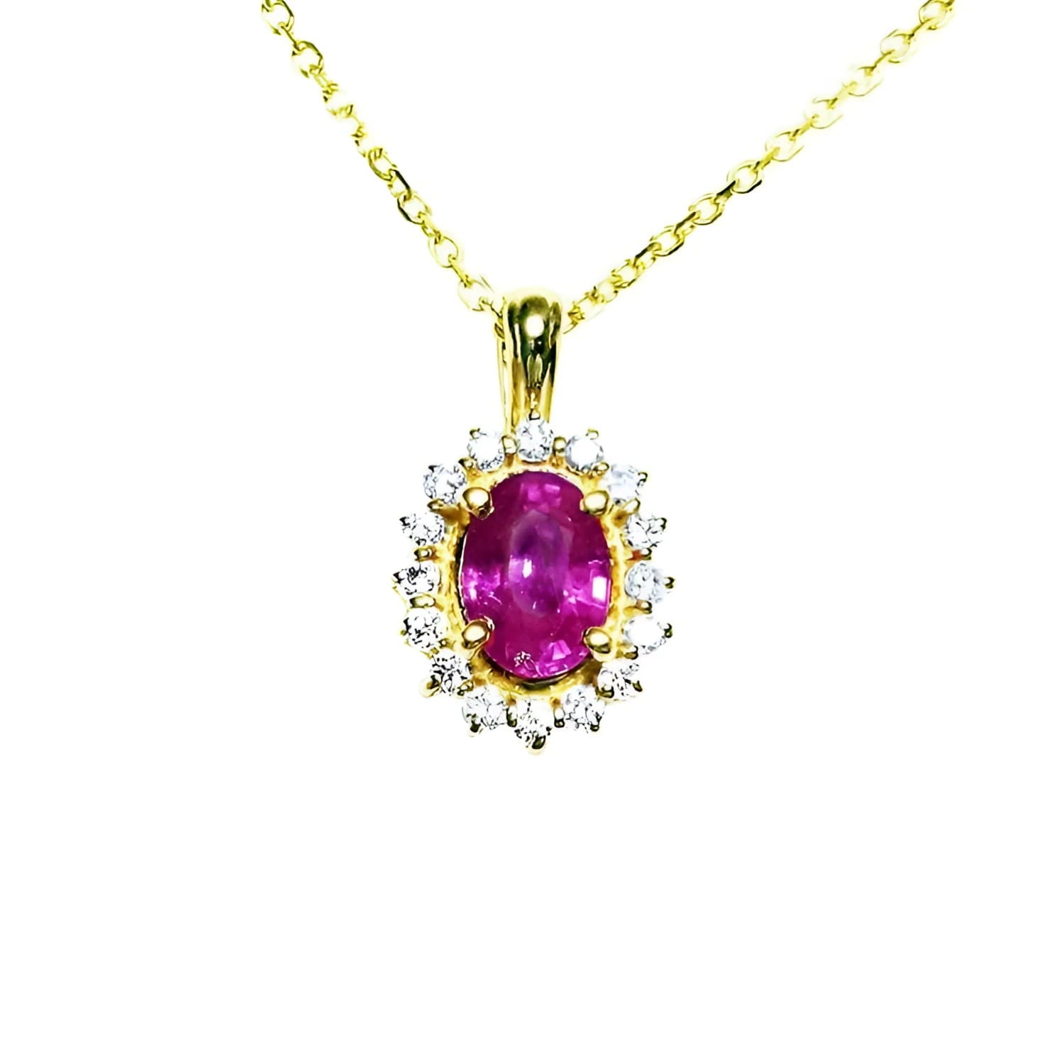14K yellow gold necklace with an oval pink sapphire halo diamond pendant.