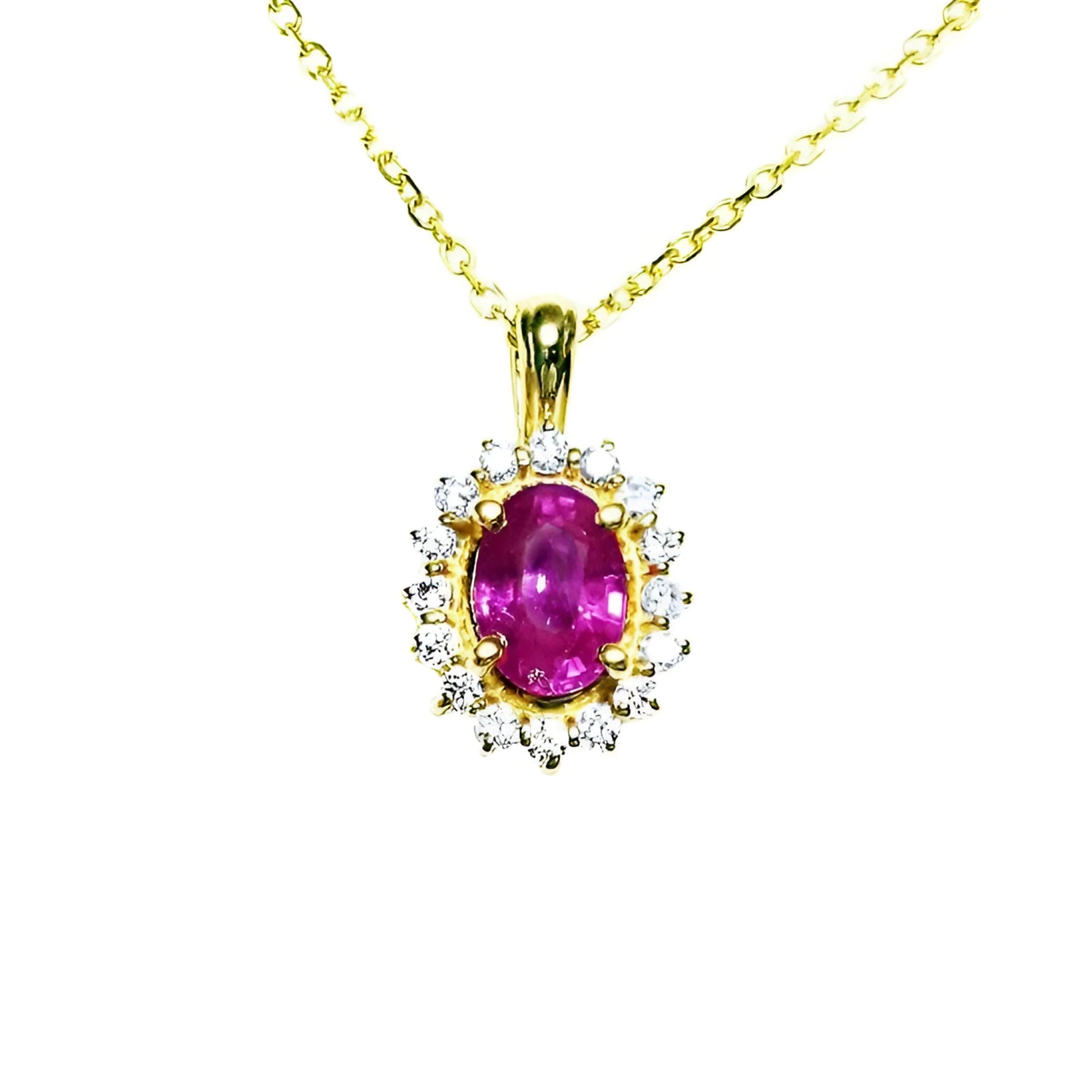 14K yellow gold necklace with an oval pink sapphire halo diamond pendant.