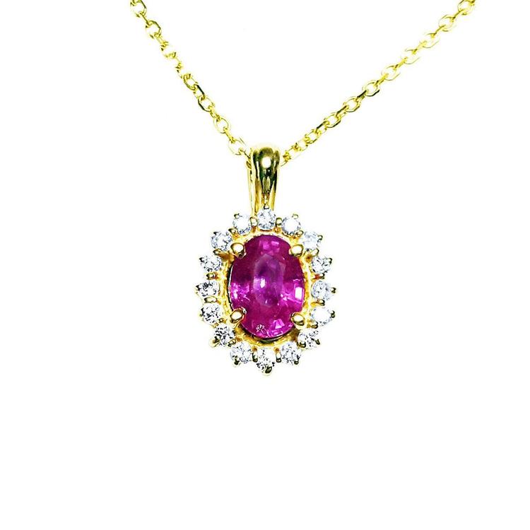 Front position top view of an oval cut pink sapphire halo diamond necklace pendant 14k yellow gold.