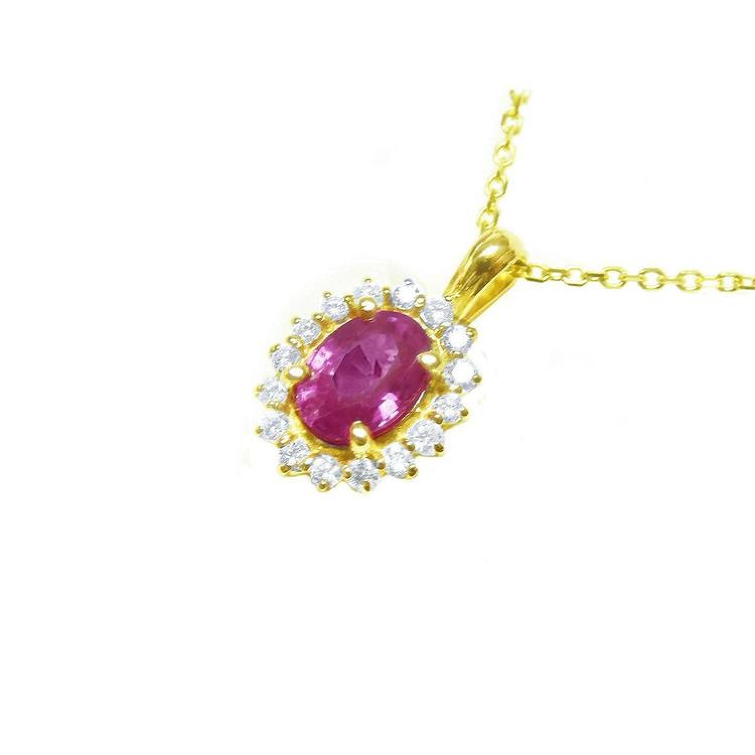 Oval pink sapphire halo diamond necklace pendant in 14K yellow gold.
