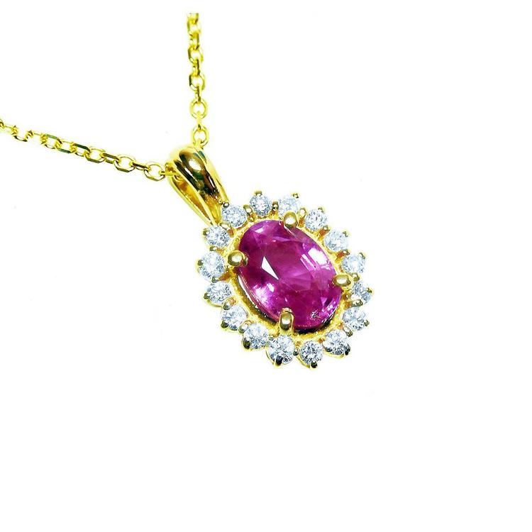 Right side top view oval cut pink sapphire halo diamond necklace pendant 14k yellow gold.