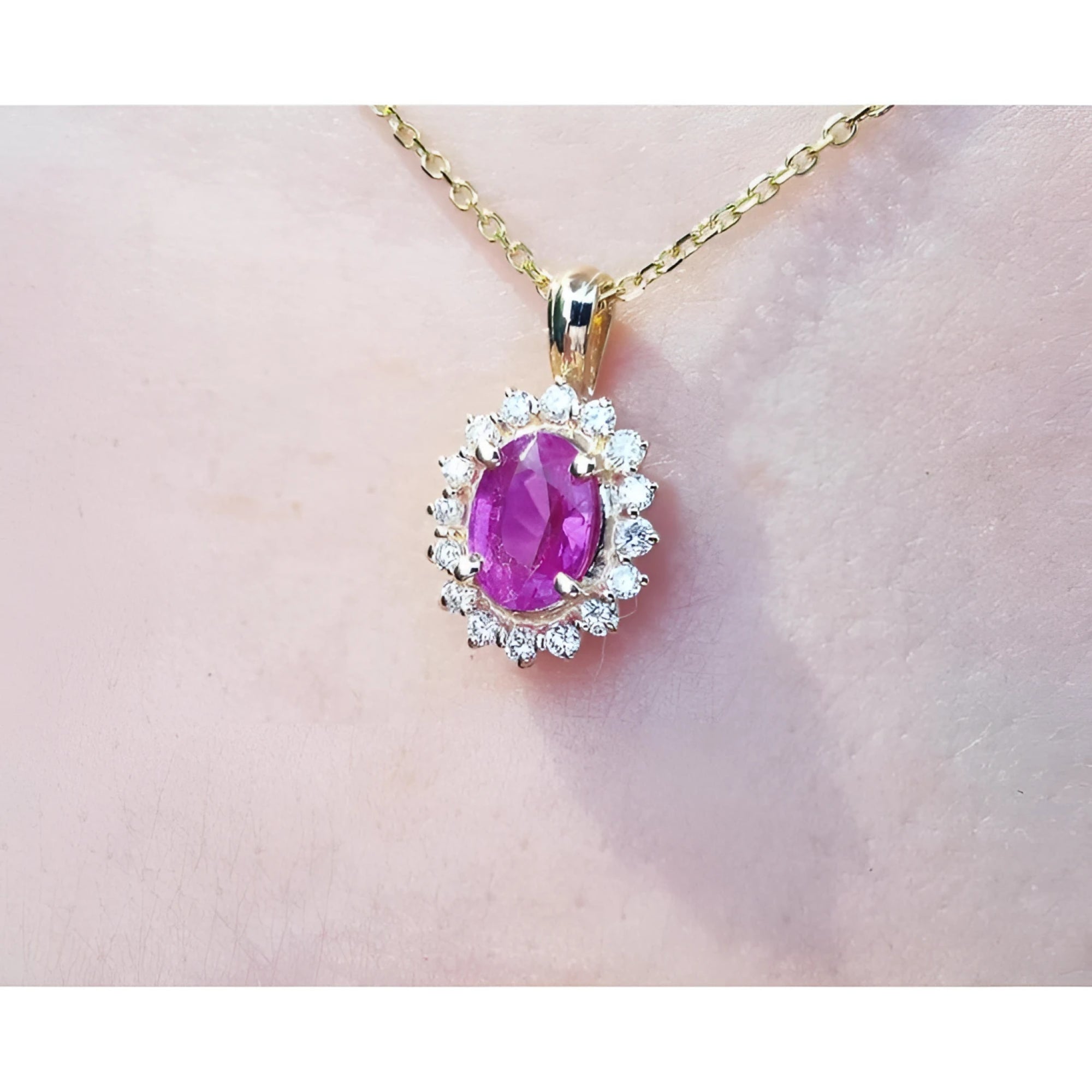 Pink oval cut natural sapphire gemstone halo diamond pendant with gold chain,14k yellow gold.