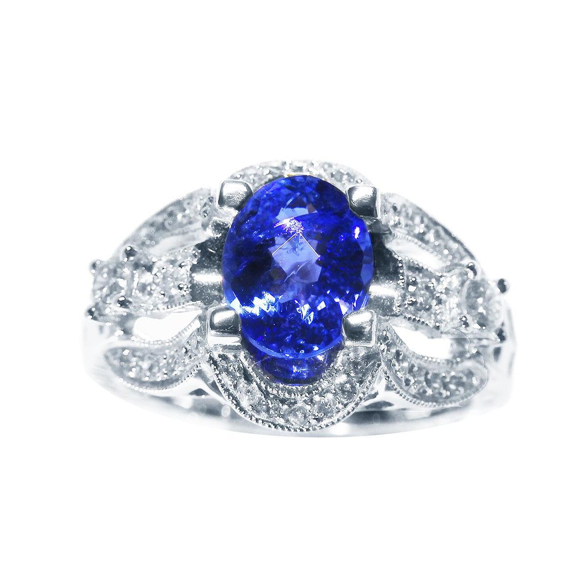Tanzanite ring for women oval cut natural diamonds 18k gold, front position top full view