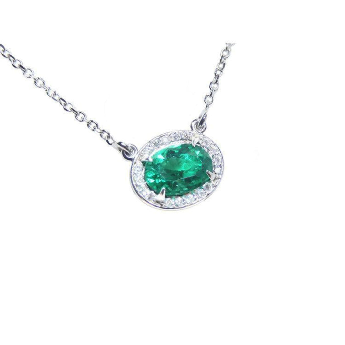 Women's Oval cut emerald necklace east west orientation halo natural diamonds prong set crafted in 14k white gold