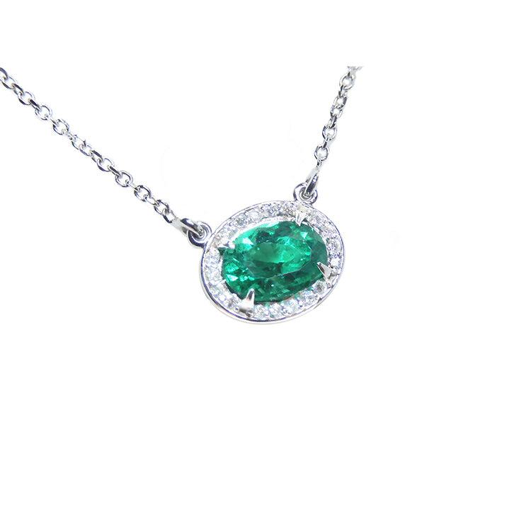 Women's Oval cut emerald necklace east west orientation halo natural diamonds prong set crafted in 14k white gold