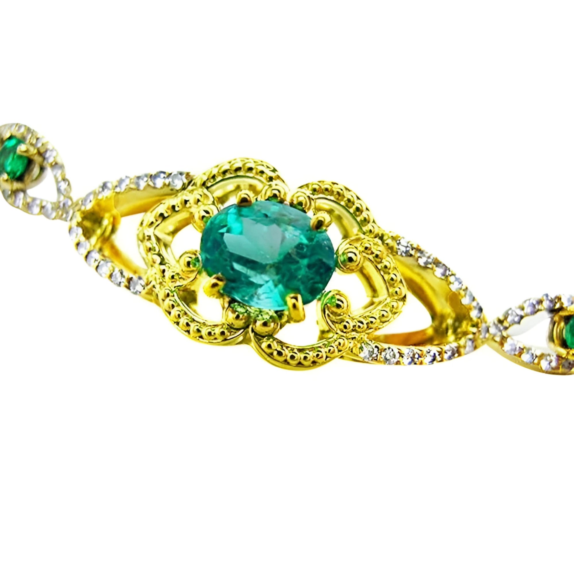 14k yellow gold bracelet with an oval cut natural emerald and accent diamonds for women.