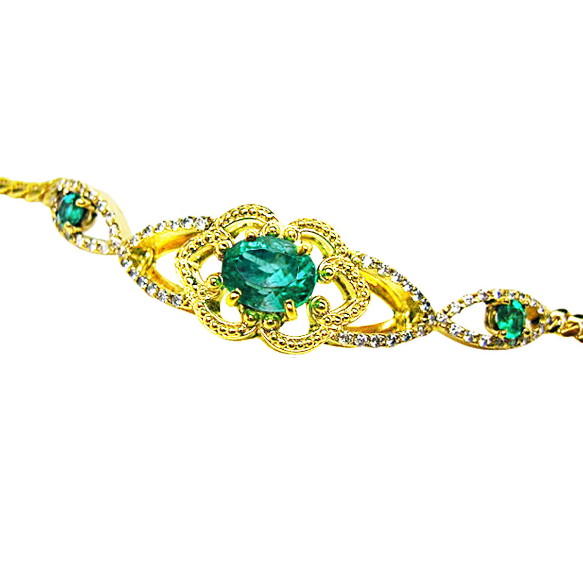 Gold bracelet with natural emeralds on a white background.