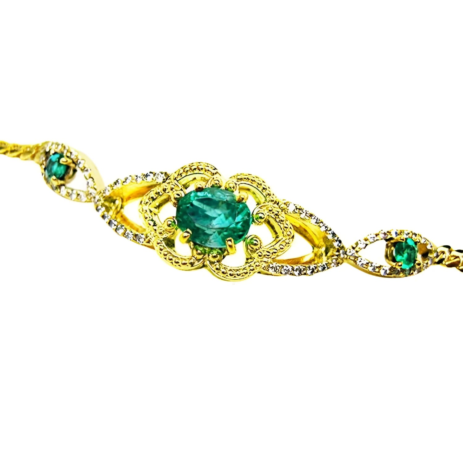 Vintage 14K yellow gold bracelet with oval emeralds and natural diamonds.