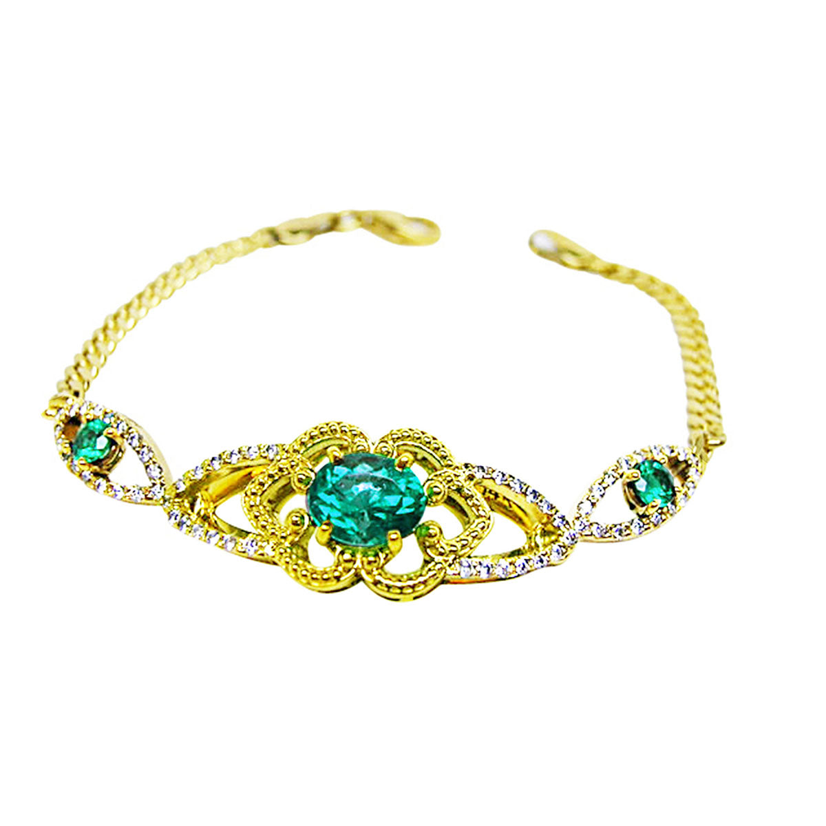 Gold bracelet with natural emeralds gemstones on a white background.