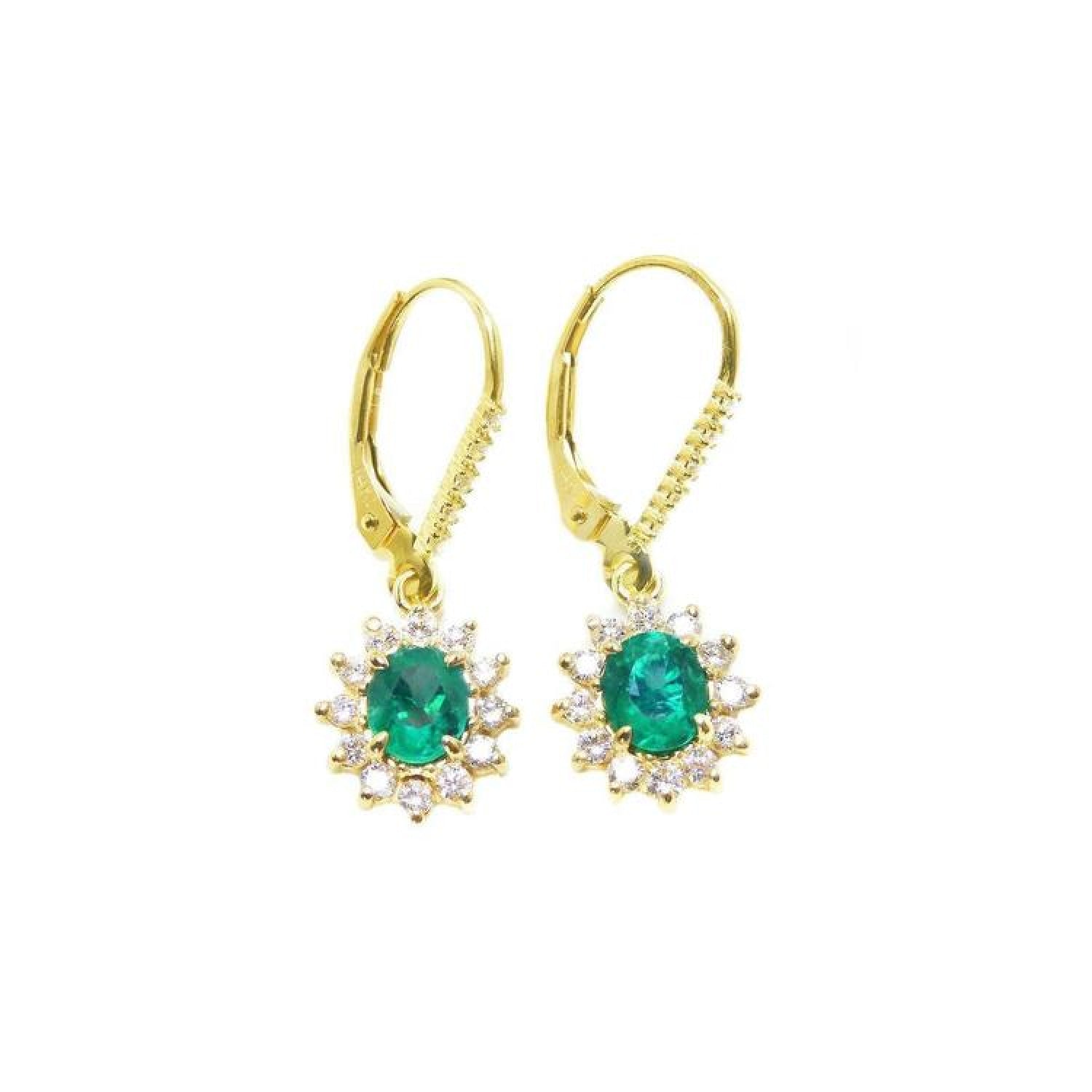 14K gold oval cut Colombian emerald earrings with diamond halo and lever backs.