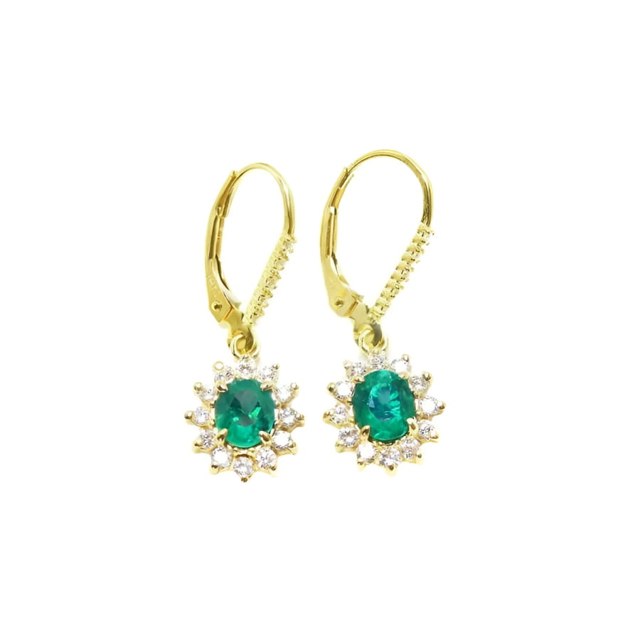 14K gold oval cut Colombian emerald earrings with diamond halo and lever backs.
