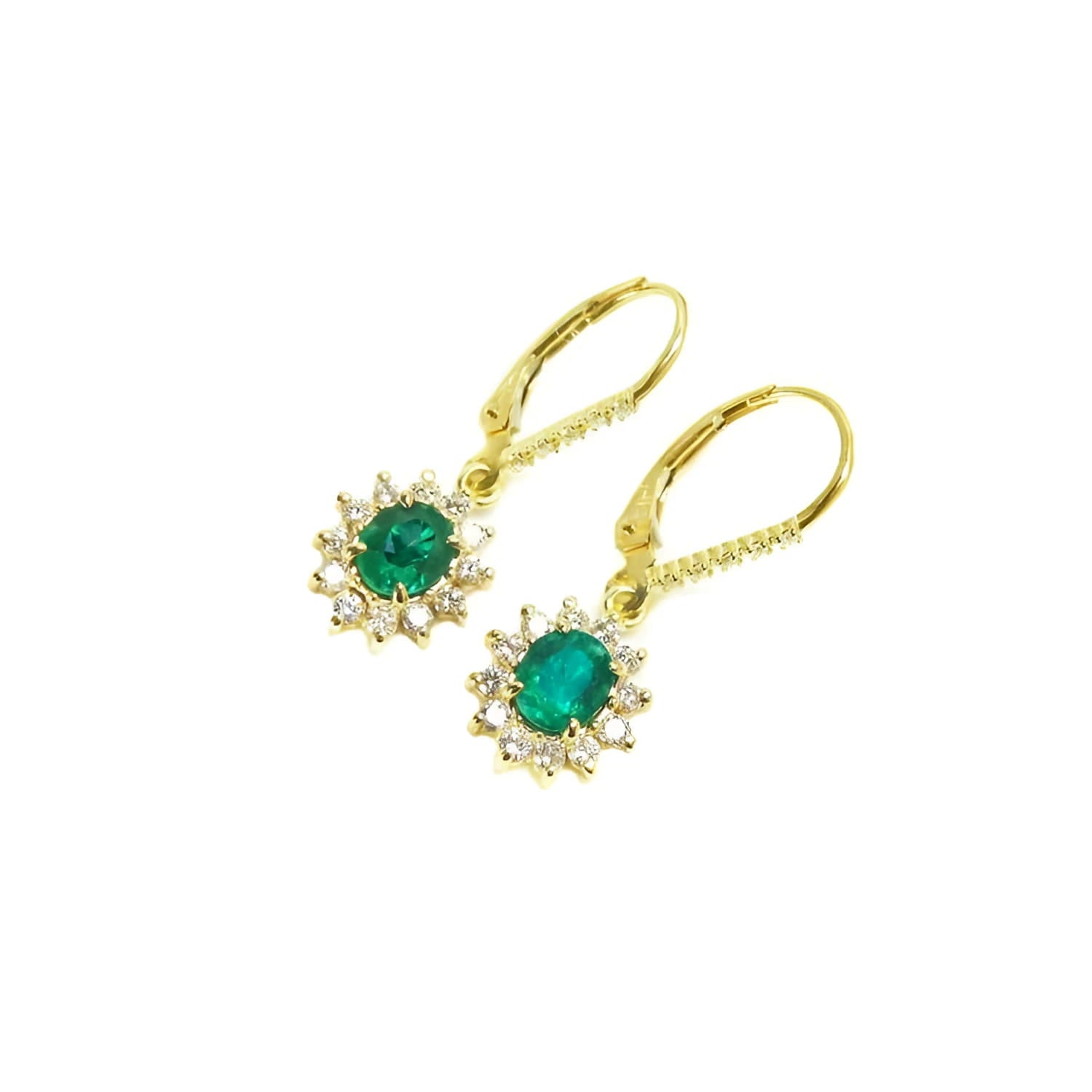 14K gold oval cut emerald earrings with diamond halo and lever backs.