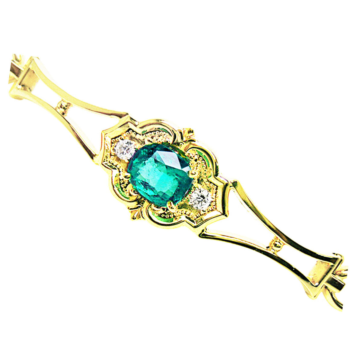Gold bracelet for women with a genuine colombian emerald and small diamonds on a white background.