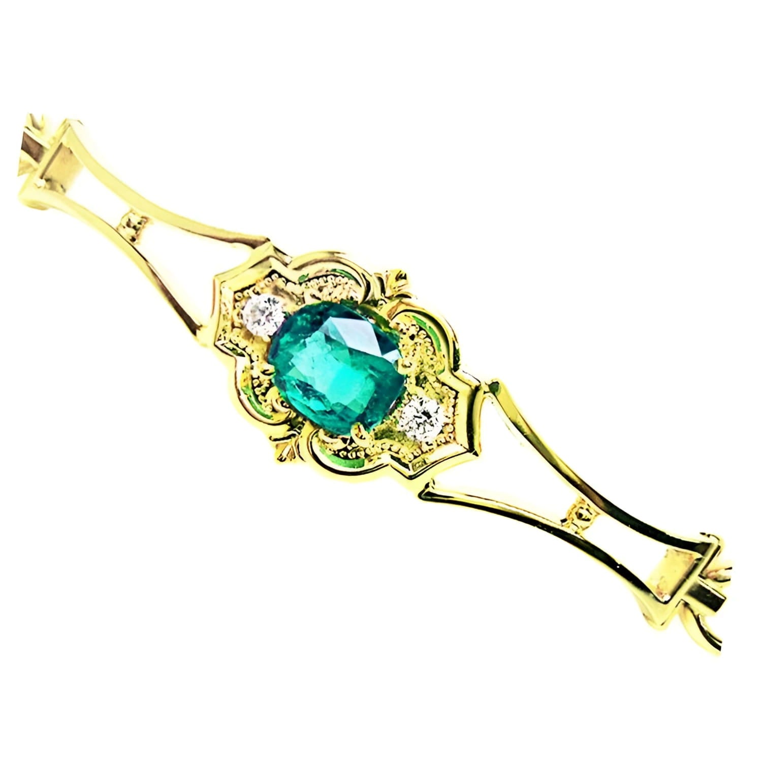 14K yellow gold bracelet with a central oval-cut natural emerald and two small round diamonds.