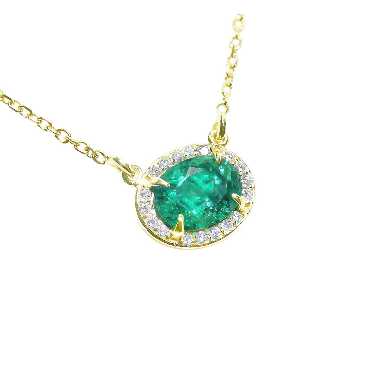 Oval cut emerald necklace for women from Muzo mines Colombia halo natural diamonds, in 14k yellow gold