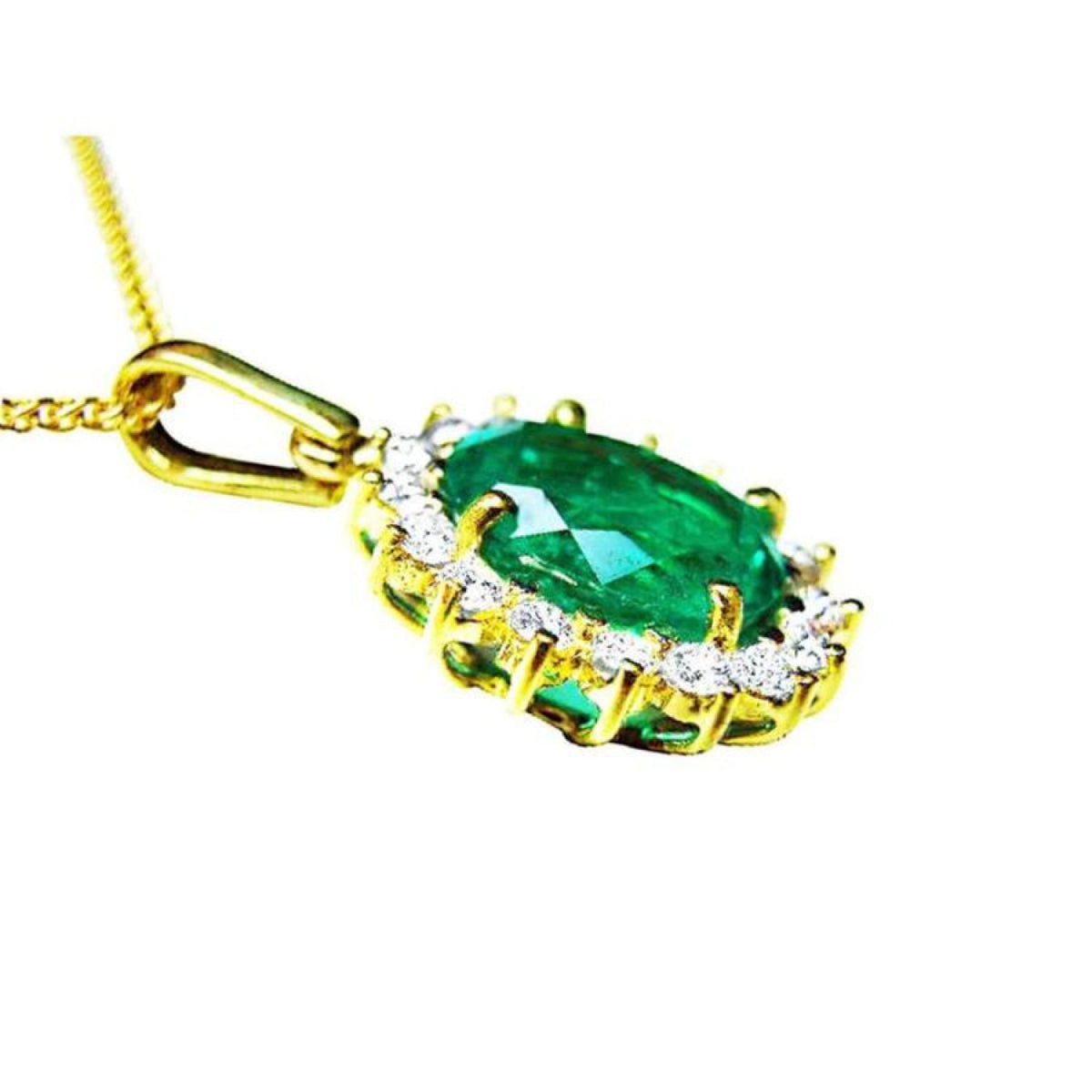Oval natural emerald pendant with halo diamonds in 18K yellow gold.
