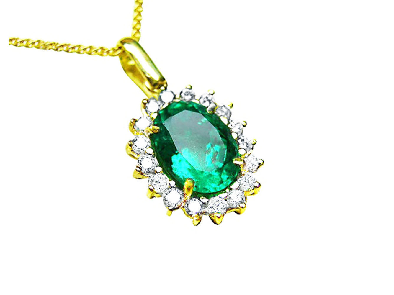 A 18k yellow gold pendant with an oval cut natural colombian emerald with a halo diamond, topside view.
