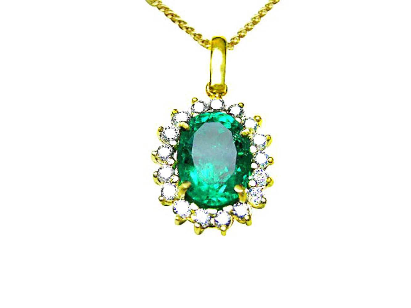 A natural oval cut colombian emerald encircled into a halo diamond pendant necklace in 18k yellow gold.