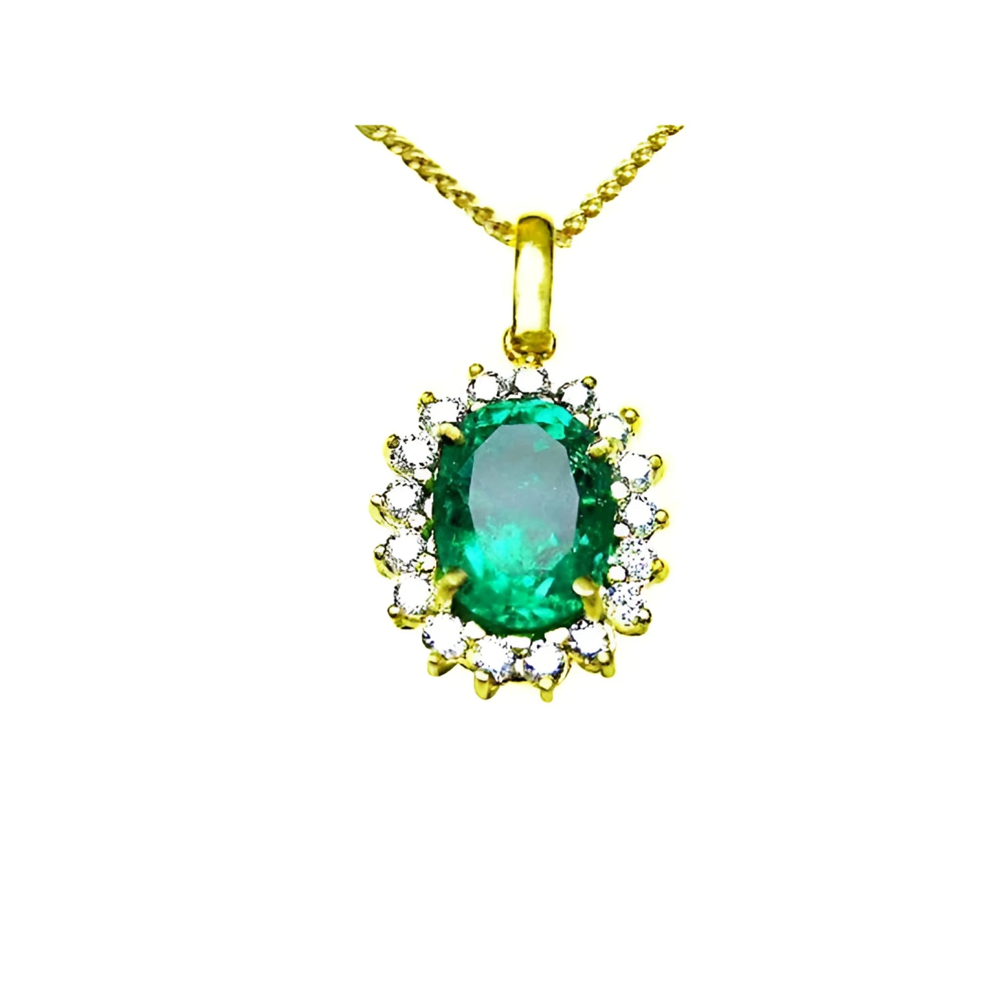 Oval 3.01 ct. natural emerald pendant with halo diamonds in 18K yellow gold.