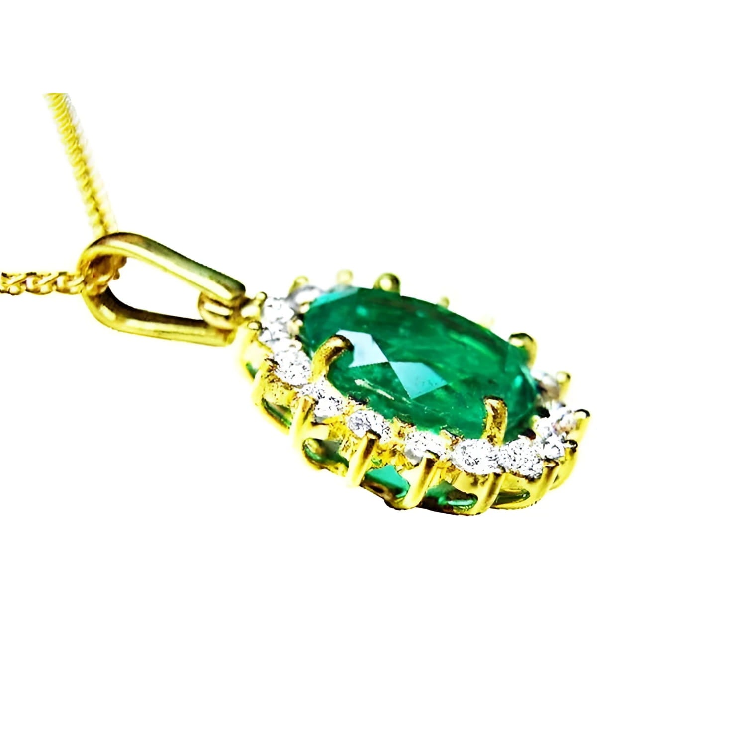 Oval natural emerald pendant with halo diamonds in 18K yellow gold.