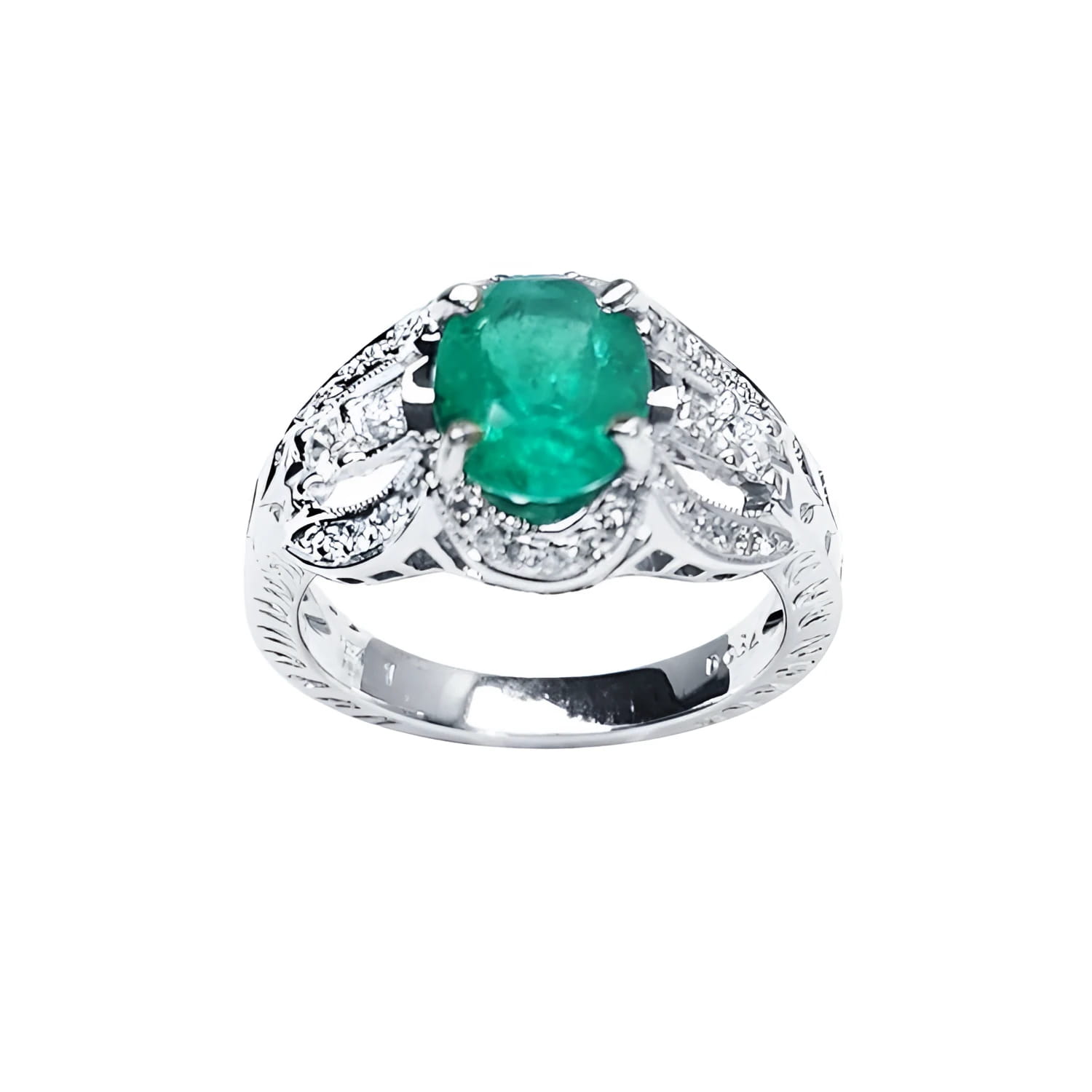 Oval cut natural colombian emerald ring with accent diamonds in 18k white gold.