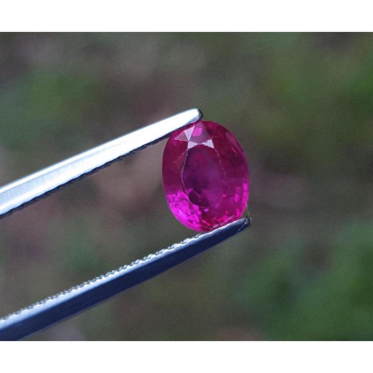 1.31 ct. natural Burma ruby, oval cut, vivid red, held by silver tweezers.
