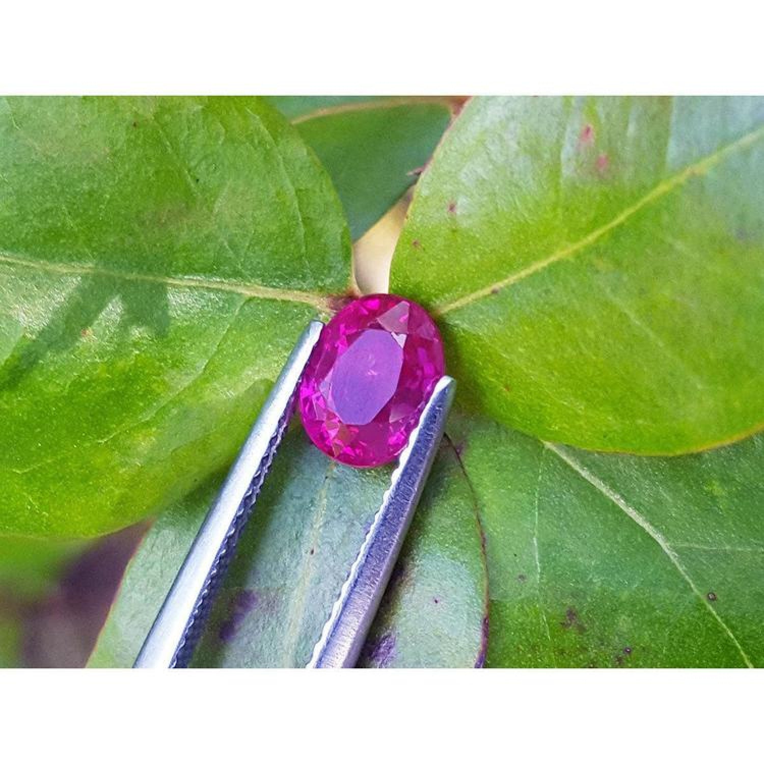Vivid red 1.31 ct. oval-cut natural Burma ruby gemstone held by tweezers against green leaves.