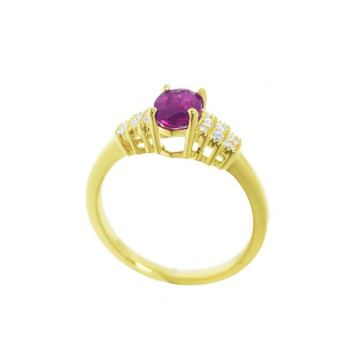14k yellow gold ring with a deep red oval ruby and sparkling side diamonds.