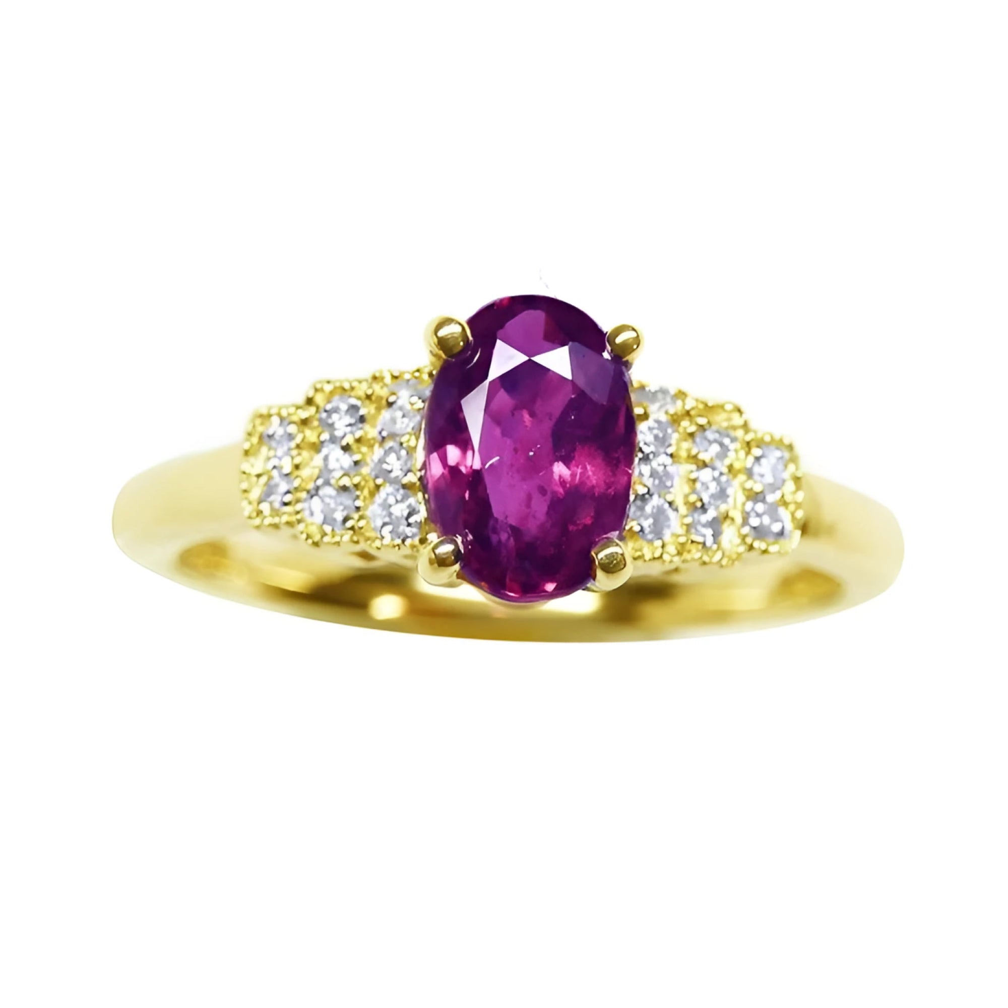 14k yellow gold ring with a sparkling deep red oval ruby and diamond accents.