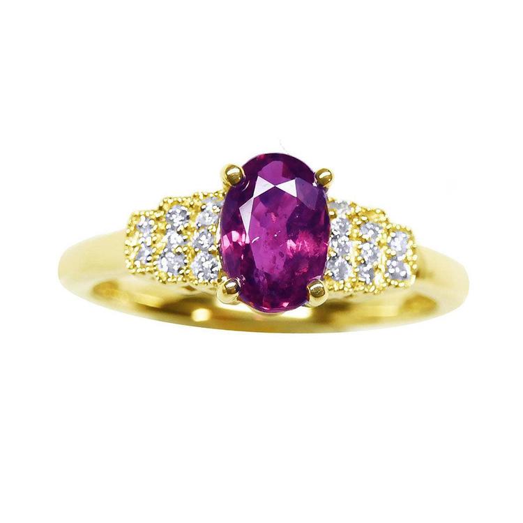 Ladies' oval ruby rings, natural diamonds in 14k yellow gold, front top view, showing main stone and shoulders