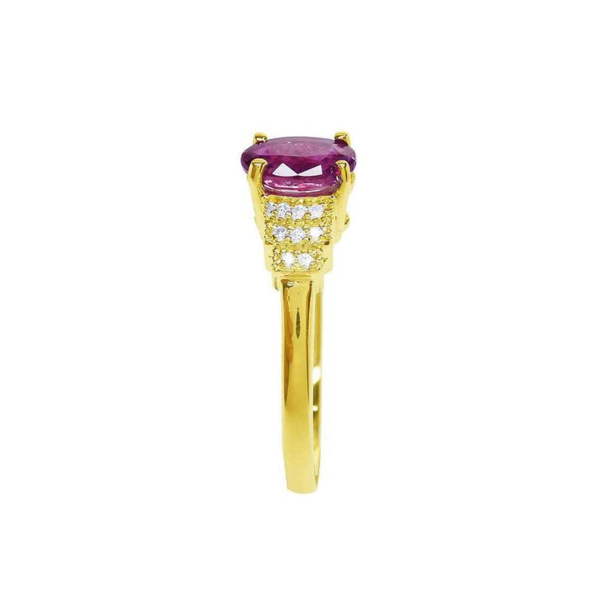14k yellow gold ring with a deep red oval cut ruby and sparkling side diamonds.