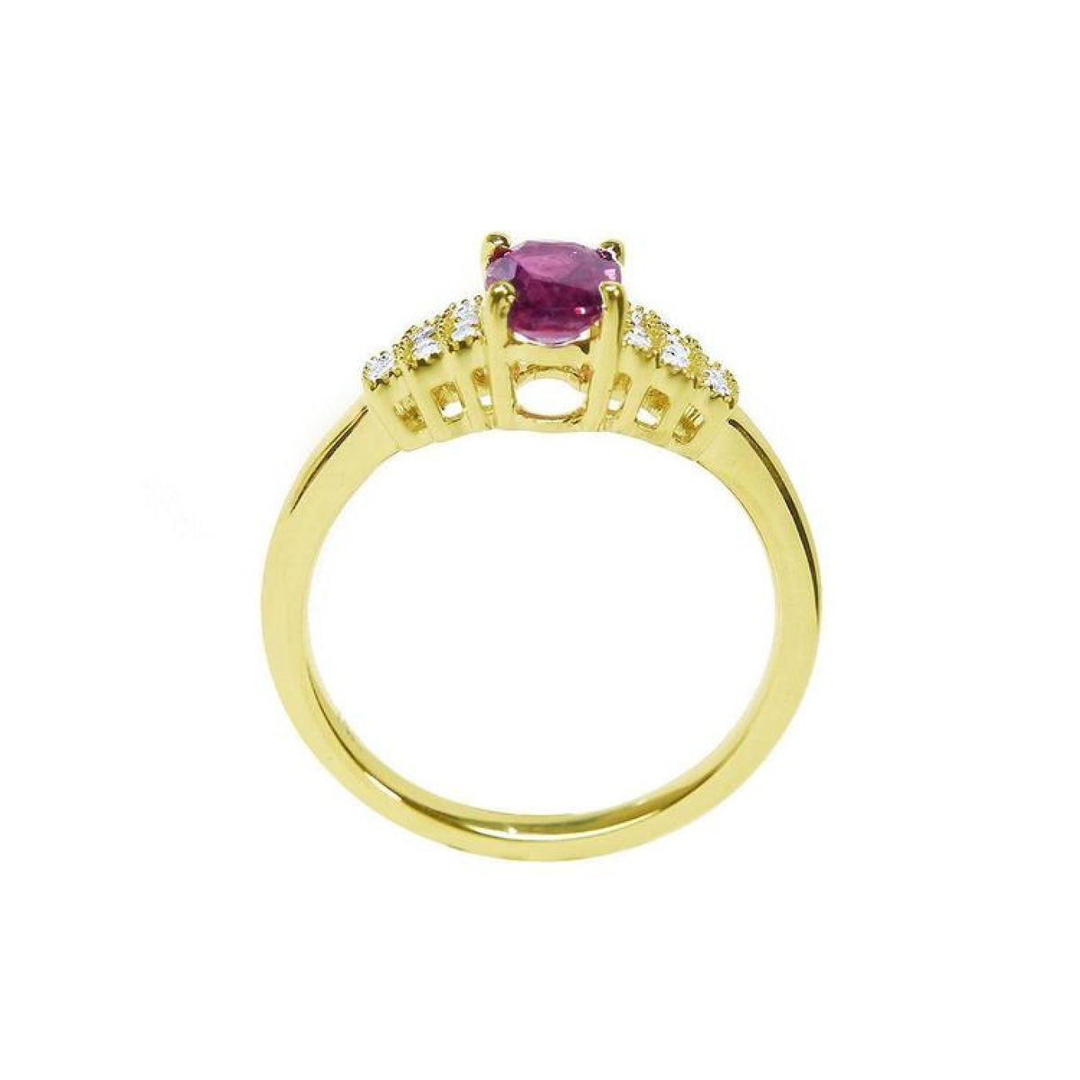 14k yellow gold ring with a deep red oval ruby and sparkling side diamonds.