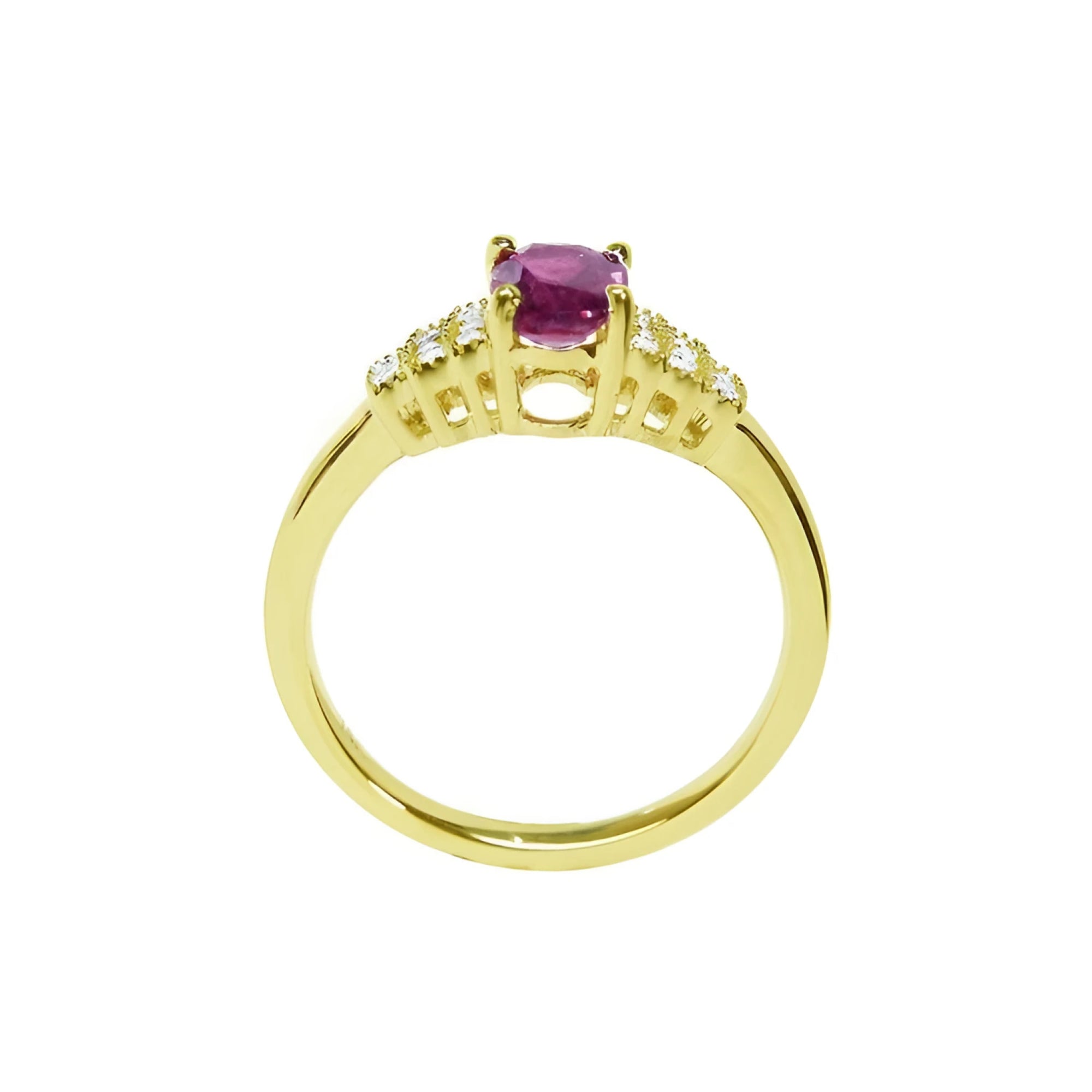 14k yellow gold ring with a deep red oval ruby and sparkling side diamonds.