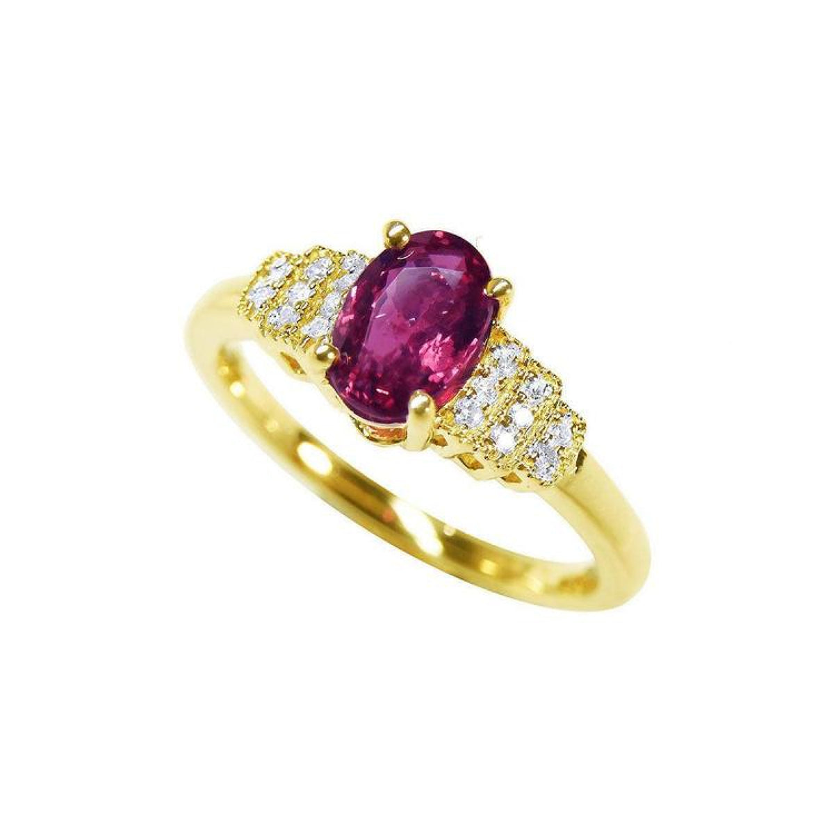 14k yellow gold ring with a deep red oval ruby and sparkling side diamonds.